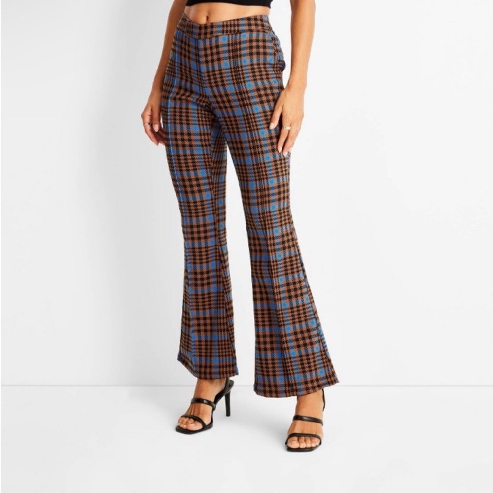 Future Collective Kahlana Barfield Brown Blue Brown Plaid Flare Pants size 2